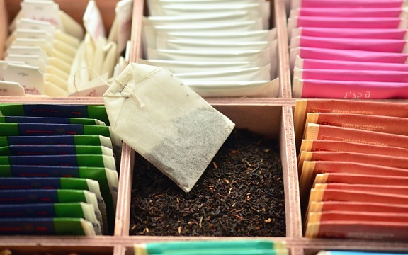 Pijte, párky, čaj, box, rostlina, papíru, filtrační sáček