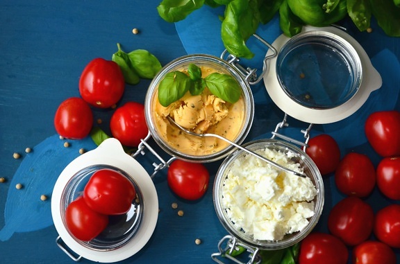 tomato, vegetable, jar, mustard, cheese, leaf, food, lunch, kitchen