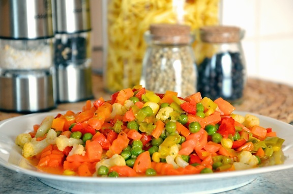peas, carrot, corn, vegetable, salad, plate, food