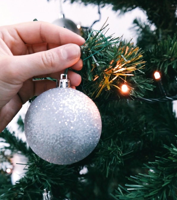 Kerstmis, decoratie, bal, hand