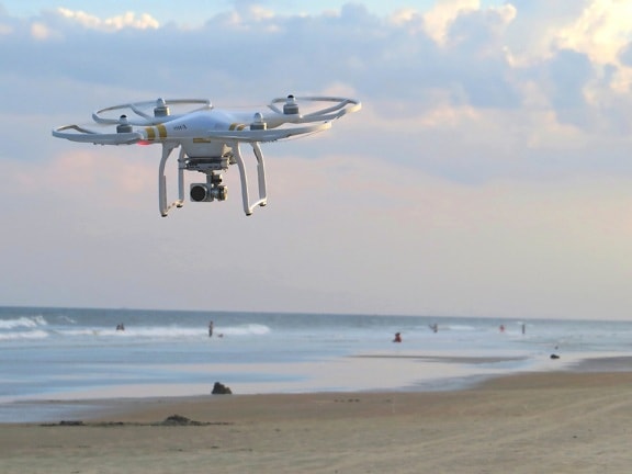 Dron, gadget, vuelo, playa