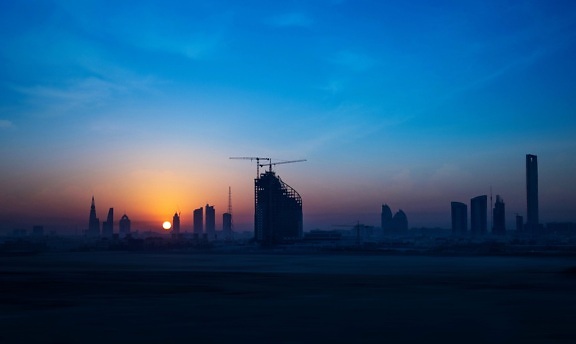 misty, morning, city, panorama, sky, sunset, architecture, environment, silhouette