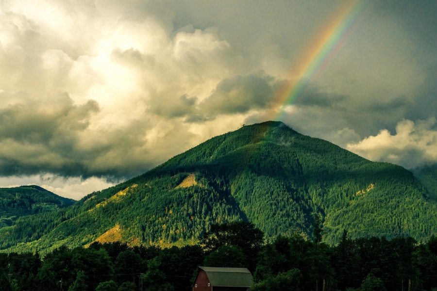 Rainbow, över, hill, berg, landskap, vulkan, highland, moln