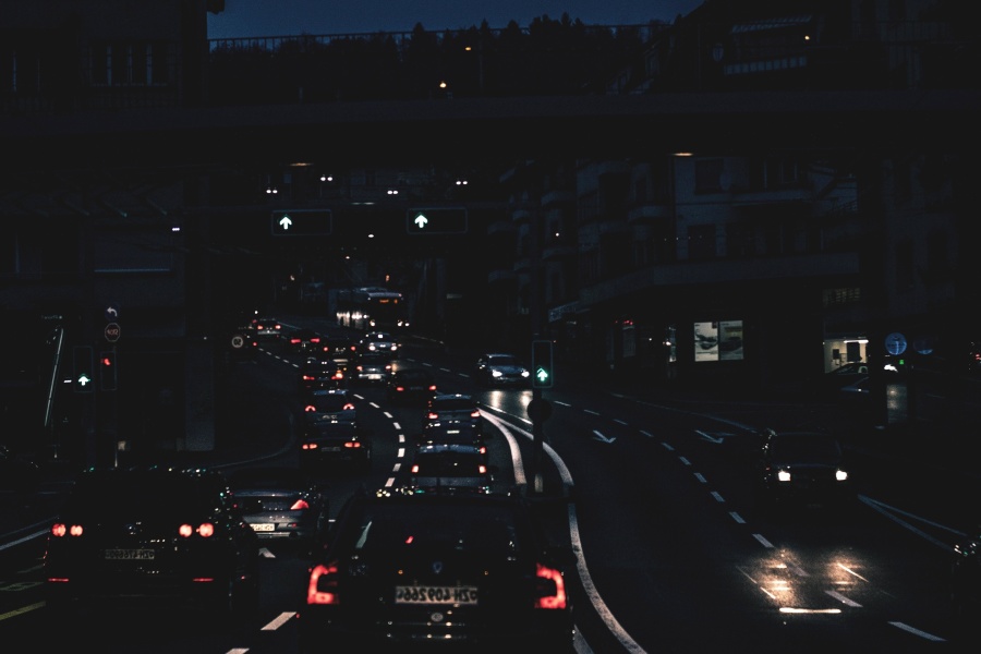 kveld, byen, veien, motorvei, motorveien