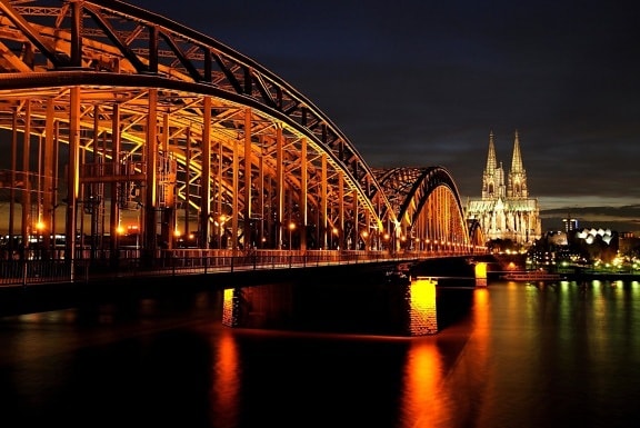 bridge, night, bridge, city, architecture, river, sky, landmark, urban, landscape, tower