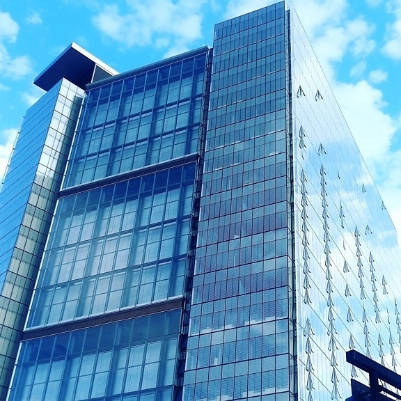 Bâtiment, ciel bleu, façade, verre, moderne, architecture