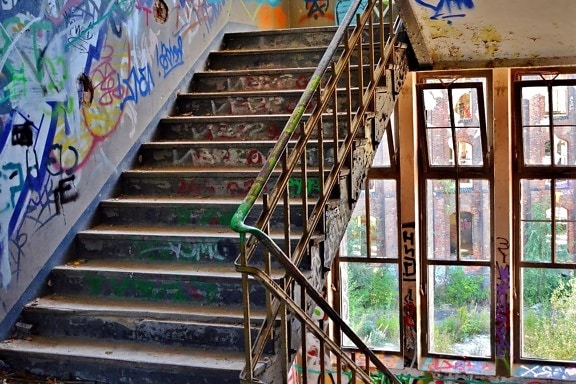 Architektur, treppe, graffiti, wand