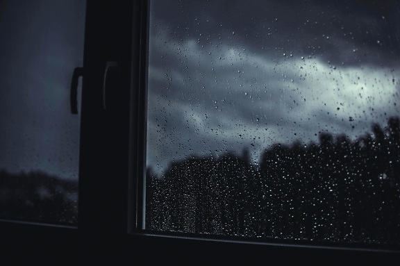 bouře, déšť, sklo, tmavé, noc, okno