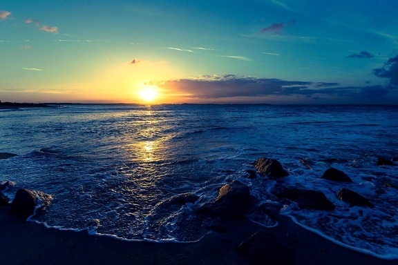 solnedgang, hav, havet, stranden, vann, kysten, himmelen, sol, landskap