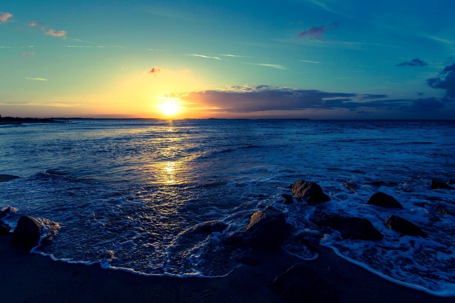 solnedgång, ocean, havet, strand, vatten, kust, himlen, solen, landskap