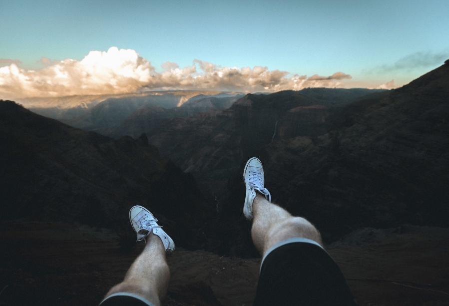 leg, shoe, man, mountain, rocks, clouds, cliff
