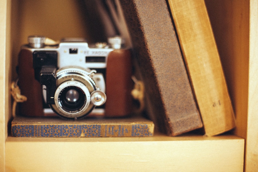 retro, máy ảnh, ống kính, da, album, tủ gỗ