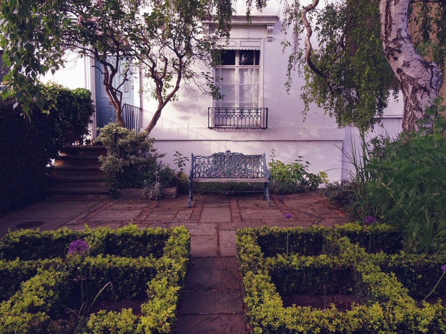 garden, bench, house, window, facade, grille, plant, flower