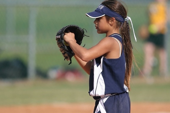 baseball, girl, hat, uniform, game, sport