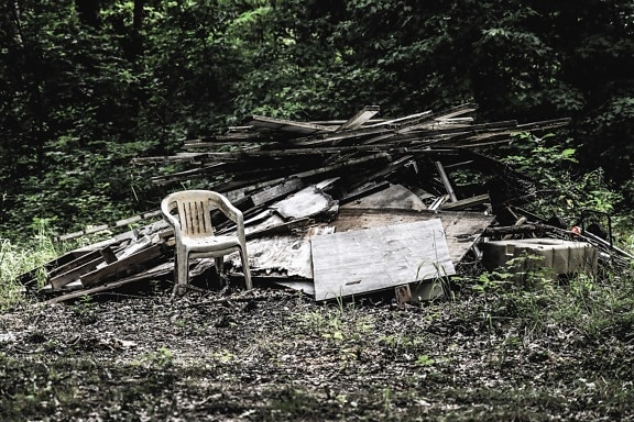 garbage, chair, plank, grass, bush, nature, forest