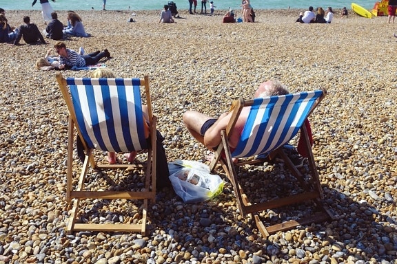 sunbathing, tourism, deck chairs, stone, beach, sea, vacation, summer