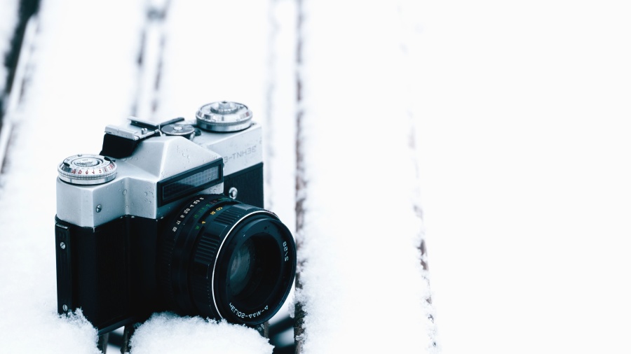 • fotoaparát, objektiv, sníh, zima, studené, retro