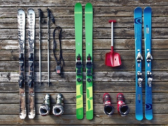 skis, boot, shovel, stick, wood, winter, snow