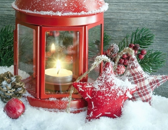 candle, christmas, decoration, snow, star, pinecone