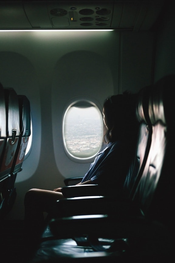 jente, passasjer, fly, sete, vindu, byen, fly, passasjer, turist