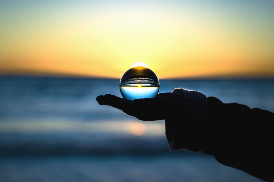 Esfera, transparente, agua, mar, puesta del sol, aire, brazo, cielo