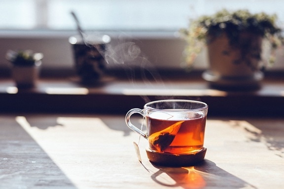 čaj, teplé, filtrovať taška, stôl, slnko, transparentné