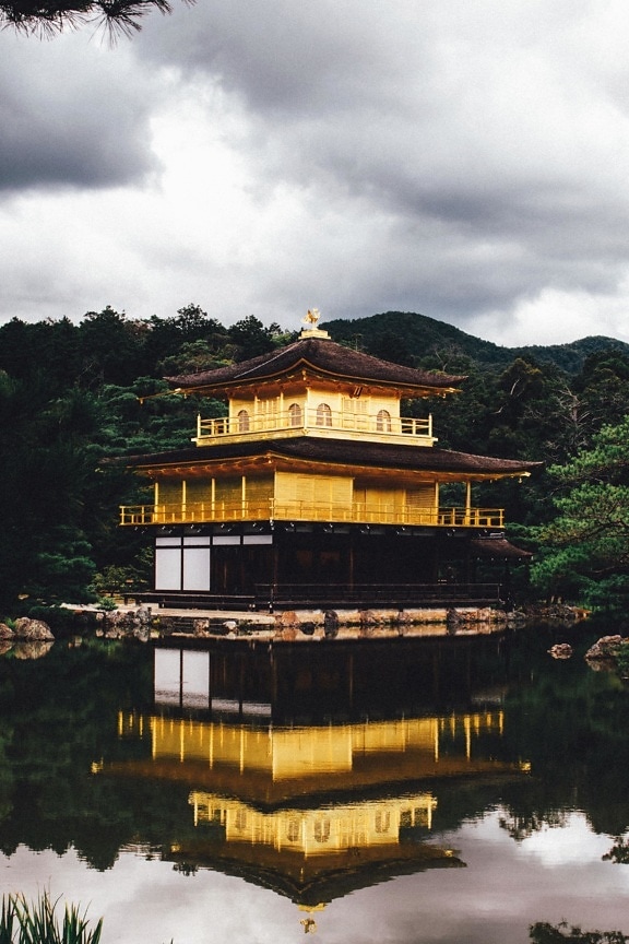 asia, reflection, water, lake, house, mountain, tree, plant