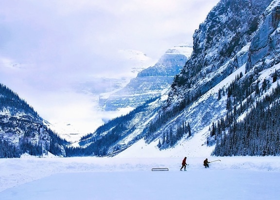 sne, bjerg, klipper, tåge, mennesker, hockey, sport, skøjteløb