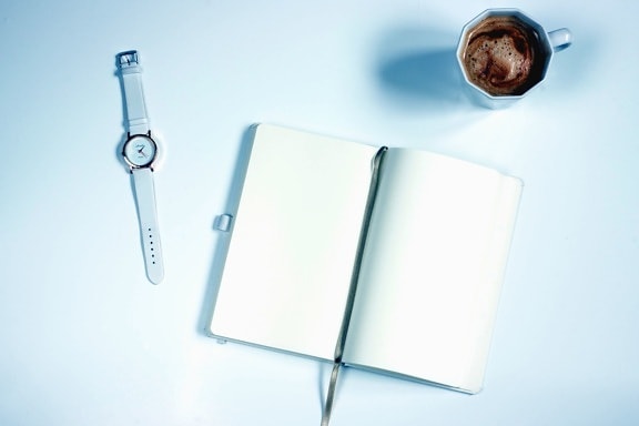 wristwatch, notes, coffee, cup, ceramic, white