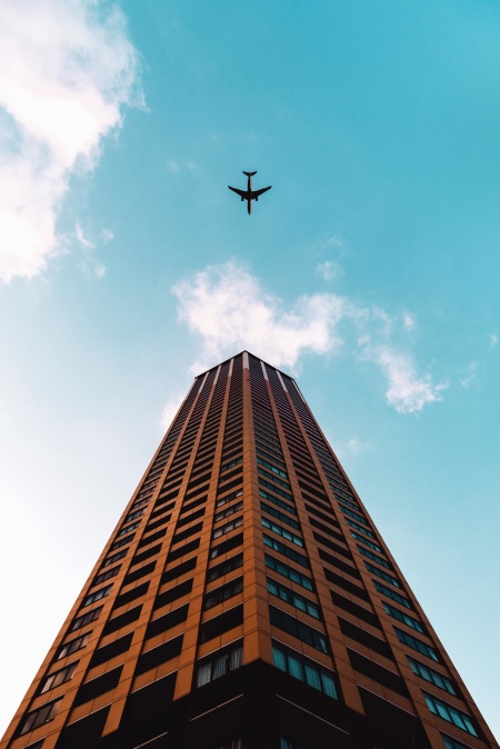 sky, city, architecture, building, tower, travel, airplane, urban, landscape