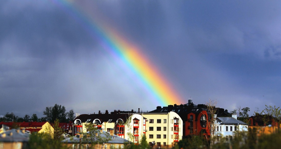Rainbow, bue, hus, arkitektur, byggeri, regn, overskyet