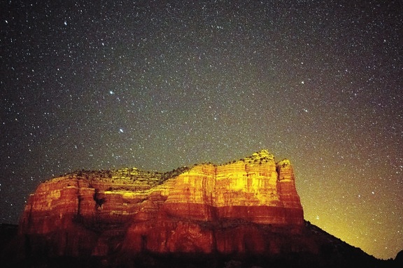 mountain, rocks, cliff, night, stars, sky