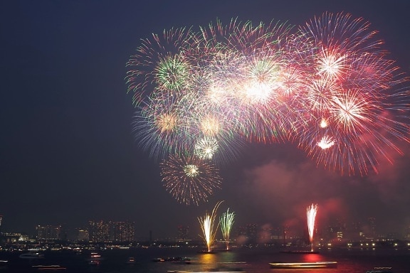 fireworks, new year, celebration, city, bright, sparks, river, reflection