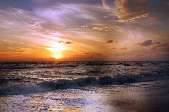 aalto, meri, aurinko, pilvi, taivas, ranta, hiekka, horizon