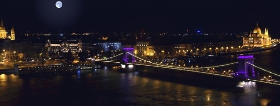 híd, folyó, víz, éjszaka, fény, elmélkedés, város, épület, építészet, építőipar, közlekedés