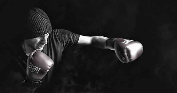 boksač, rukavice, košulja, šešir, čovjek, sport, vježbanje