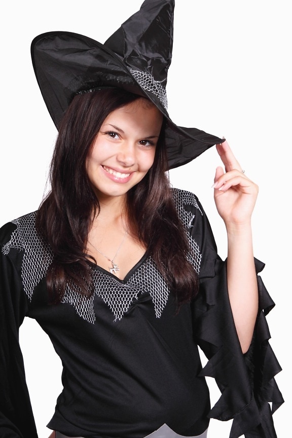 Kız, gülümseyen, şapka, kostüm, cadı