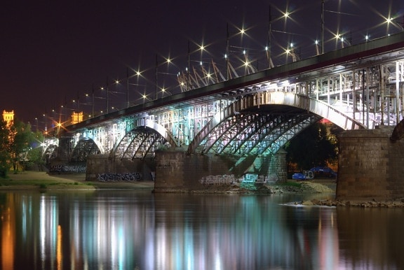 мост, арка, стълб, река, нощ, светлина, отражение, транспорт