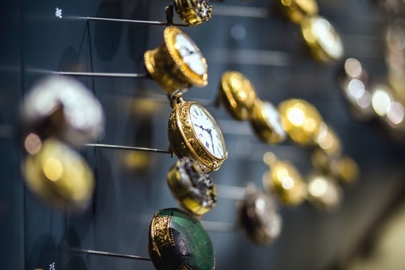 antikk, klokke, mekanisk, metall, for utstilling