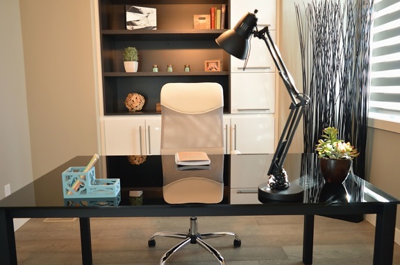 Bureau, lampe, bureau, armoire, pot de fleurs, plante, livre, chaise