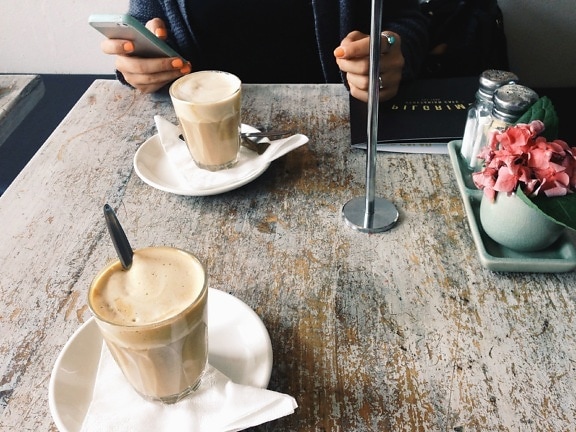 coffee, milk, glass, plate, pottery, table, cell phone
