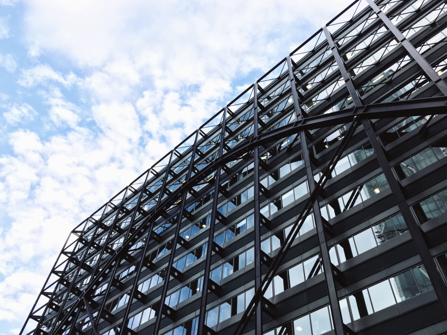 Edificio, construcción, metal, vidrio, fachada, cielo, arquitectura