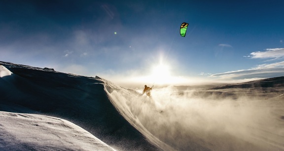 extreme sport, parachute, snow, surfing, sun, mountain, wind, sport