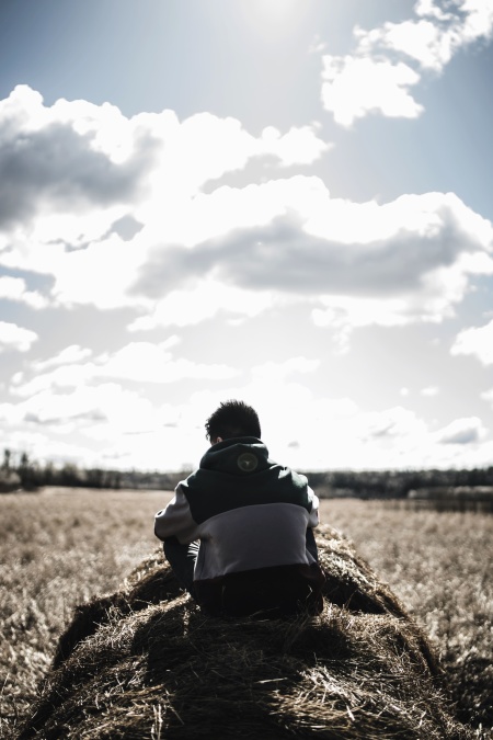 straw, bales, boy, sky, cloud, field, agriculture