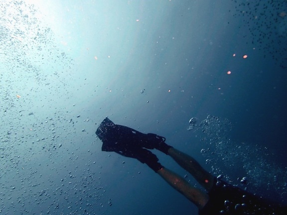 sea diver, diving fins, equipment, foot, underwater, bubble