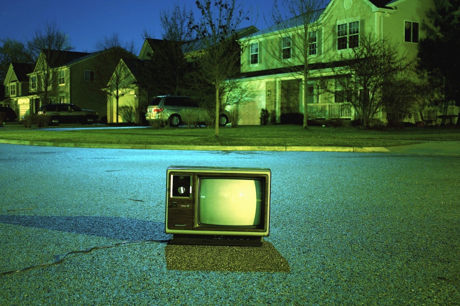 television, asphalt, retro, street, electronics, house, tree