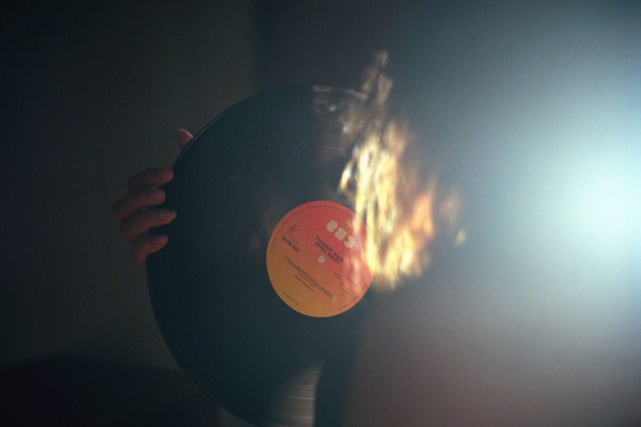Vinyl, gramofon, hudba, oheň, rukou, prstem, plamen, horký