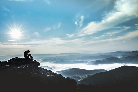 mountaineer, mountain, sky, sun, fog, rocks, landscape