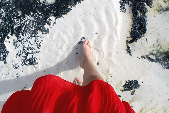 gaun, merah, kaki, gadis, pasir, laut, tekstur