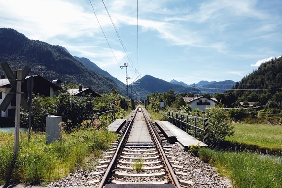 railway, wire, rail, house, mountain, transport